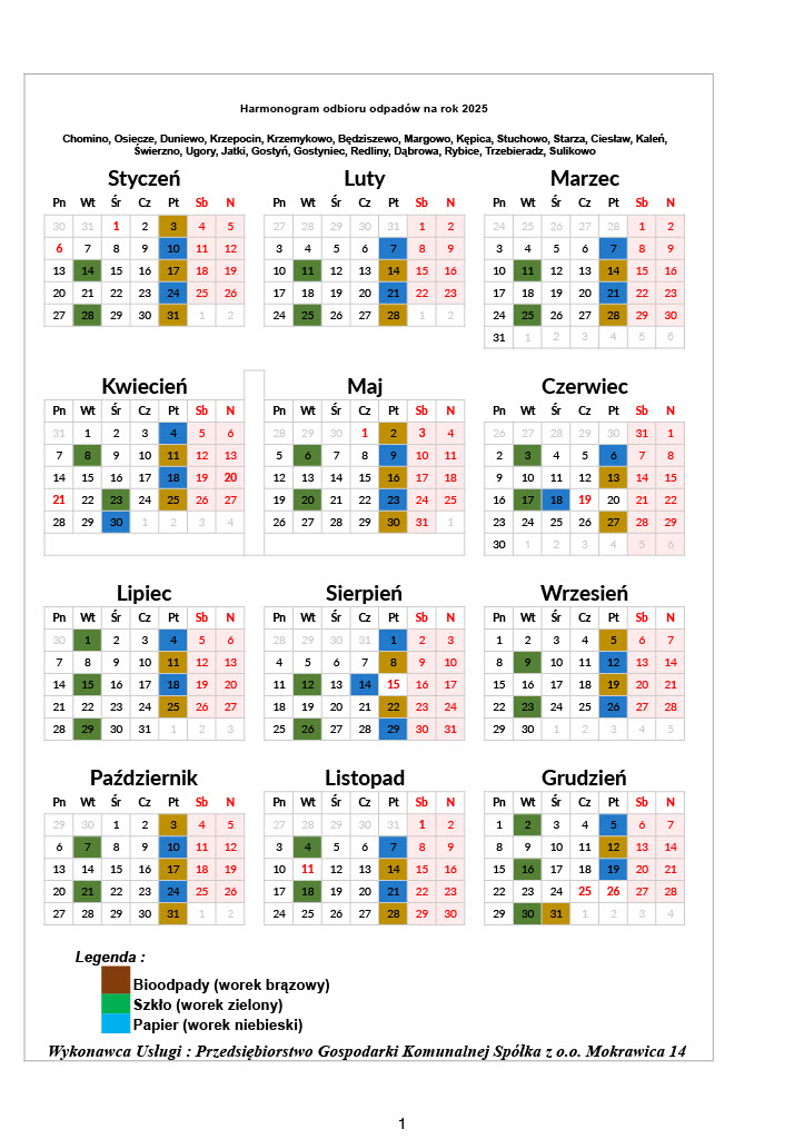Harmonogram odbioru odpadów 2025 dla gminy Świerzno