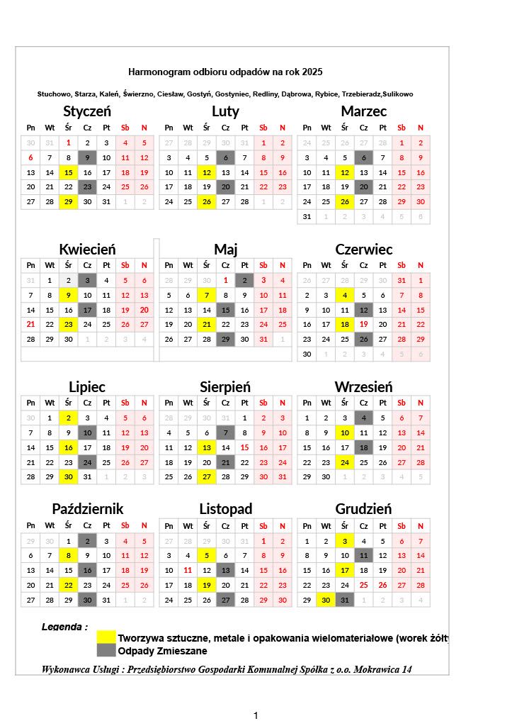 Harmonogram odbioru odpadów 2025 dla gminy Świerzno