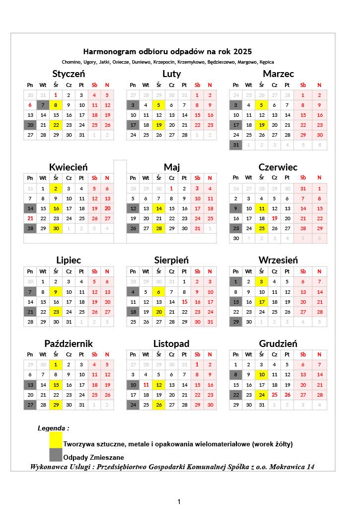 Harmonogram odbioru odpadów 2025 dla gminy Świerzno