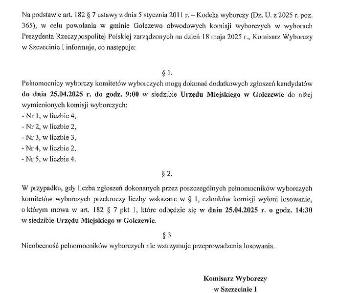 Dodatkowy nabór do komisji wyborczych w Golczewie – zgłoszenia do 25 kwietnia 2025 r.