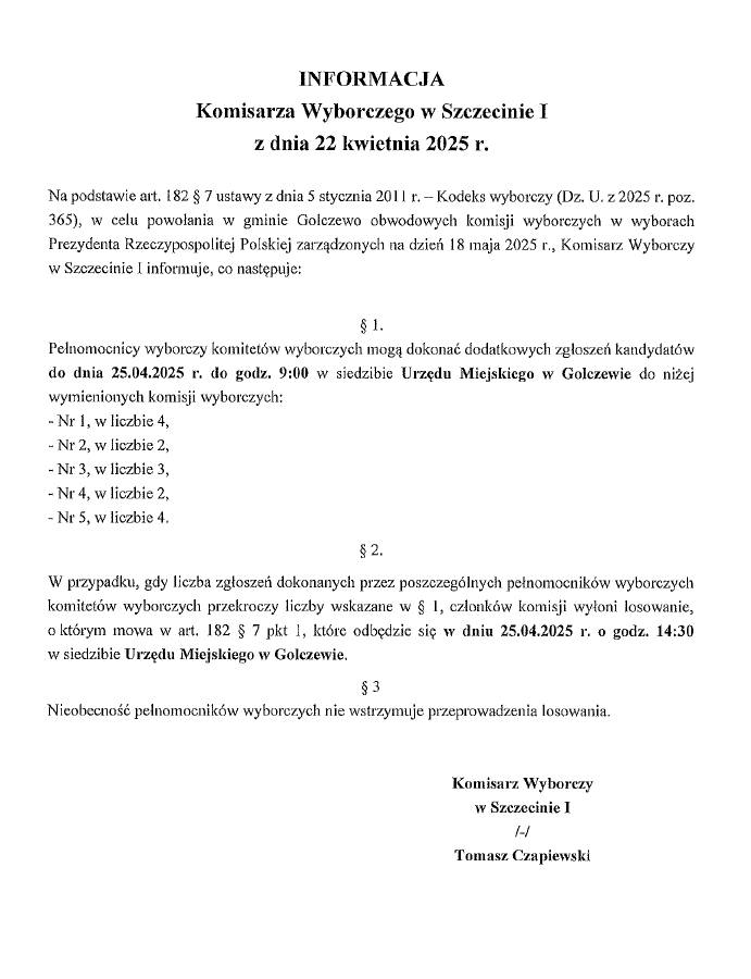 Dodatkowe zgłoszenia kandydatów do komisji wyborczych w Golczewie – termin do 25 kwietnia