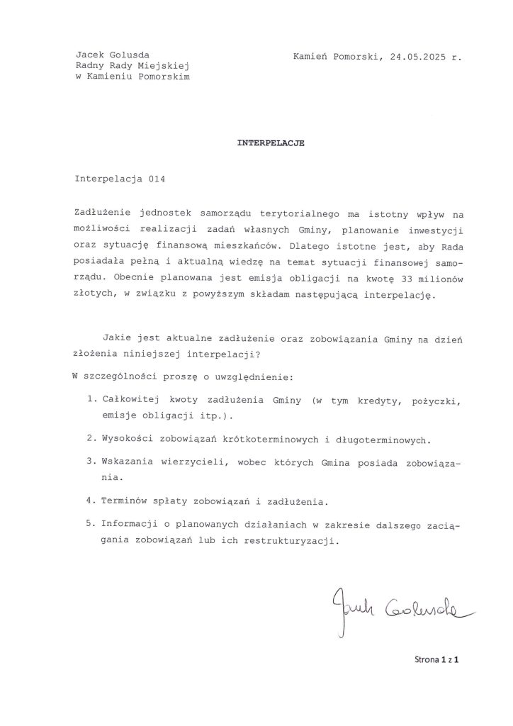 zadłużenie gminy kamień pomorski