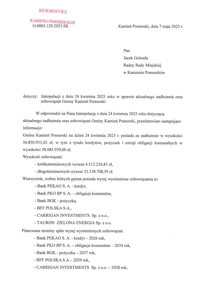 zadłużenie gminy kamień pomorski