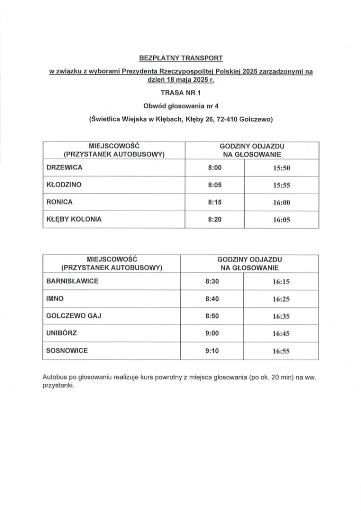 transport na wybory 2025 golczewo