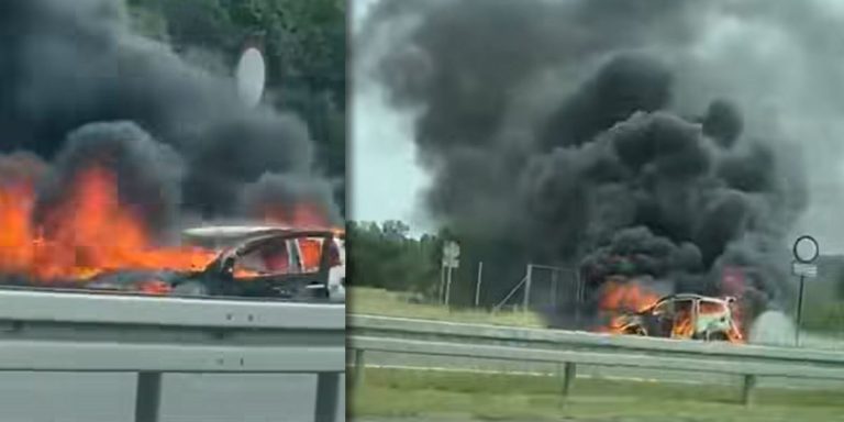 Pożar auta na trasie Parłówko–Ostromice. Samochód spłonął doszczętnie
