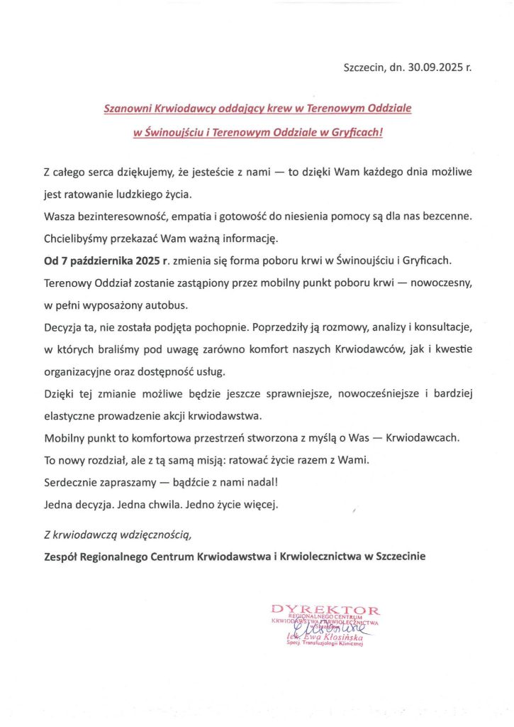 zamykają się najbliższe terenowe oddziały krwiodawstwa