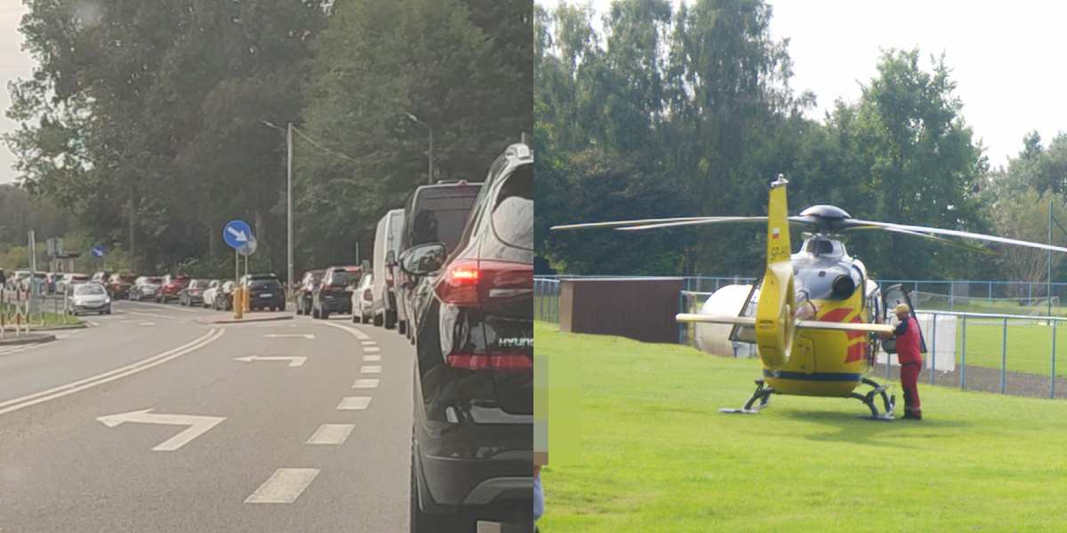 (AKTUALIZACJA) Poważne zderzenie motocyklisty i samochodu osobowego w Kamieniu Pomorskim. Ogromny korek w stronę Dziwnowa