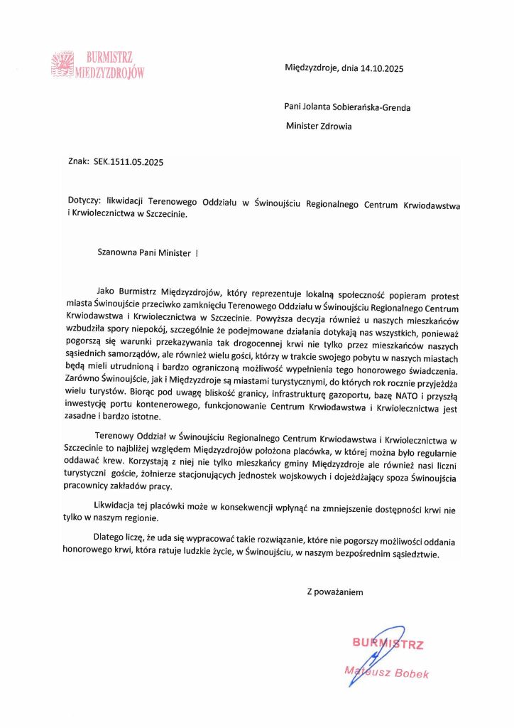 burmistrz międzyzdrojów przeciw likwidacji punktu krwiodawstwa