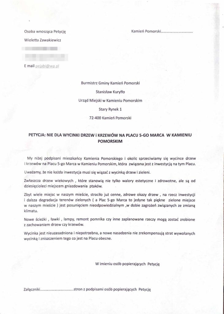 petycja przeciwko wycince drzew na placu 5 marca