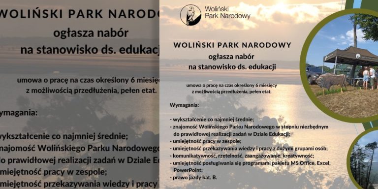 Woliński Park Narodowy prowadzi nab&oacute;r do Działu Edukacji